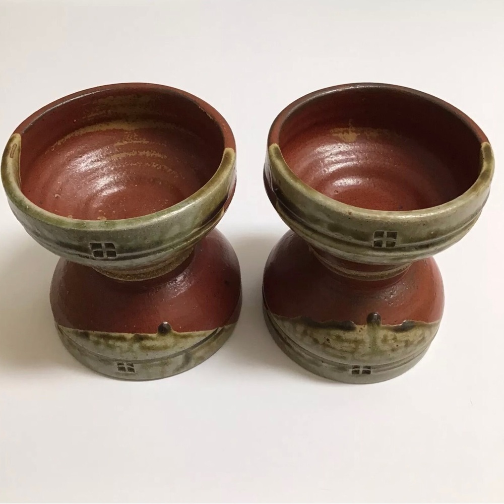 Studio Art Pottery SET OF 4 Japanese Tea Bowls Cups Matcha Rust Glazed Handmade